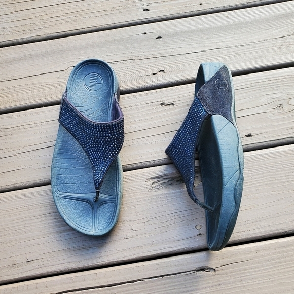 Fitflop Rokkit Supernavy Navy Blue Rhinestone Bling Suede Toe-Post Sandals 11 - Picture 2 of 9